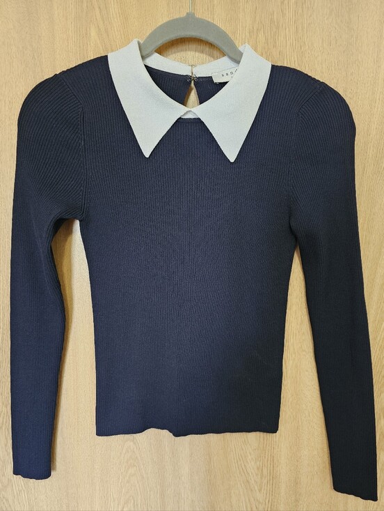 Sandro Tops - Sandro Blue and White long sleeve Ribbed knit Polo Collar Shirt Size 1 S